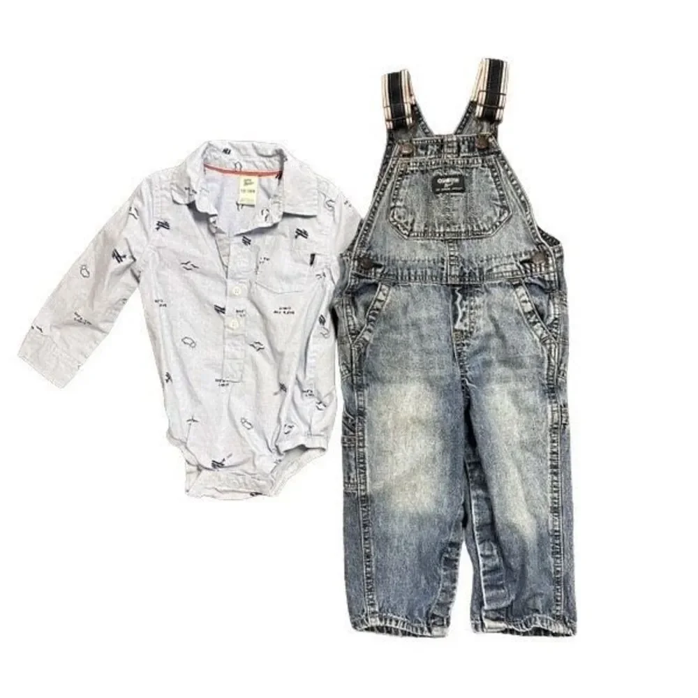 OshKosh B'Gosh Outfit Denim Overalls and Airplane Button Up